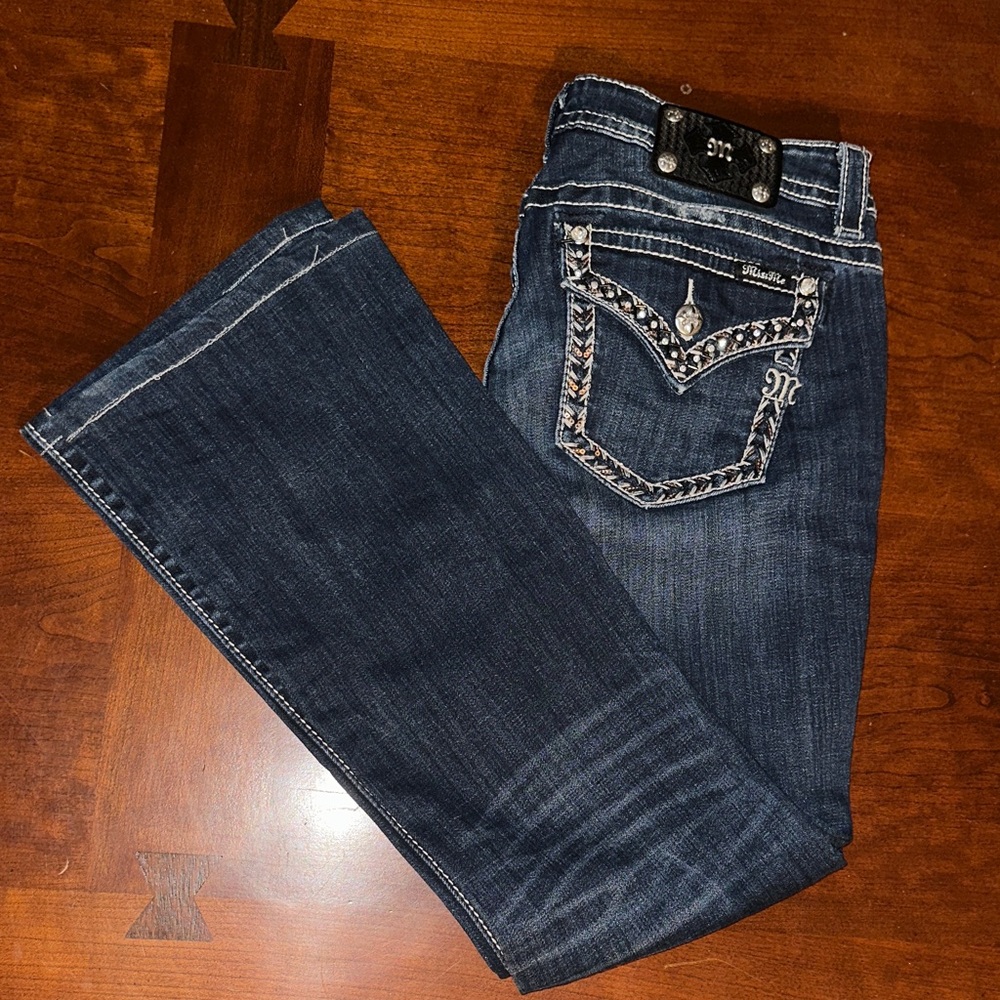 Miss Me Dark Blue Boot Cut Jeans with Embellished Pockets